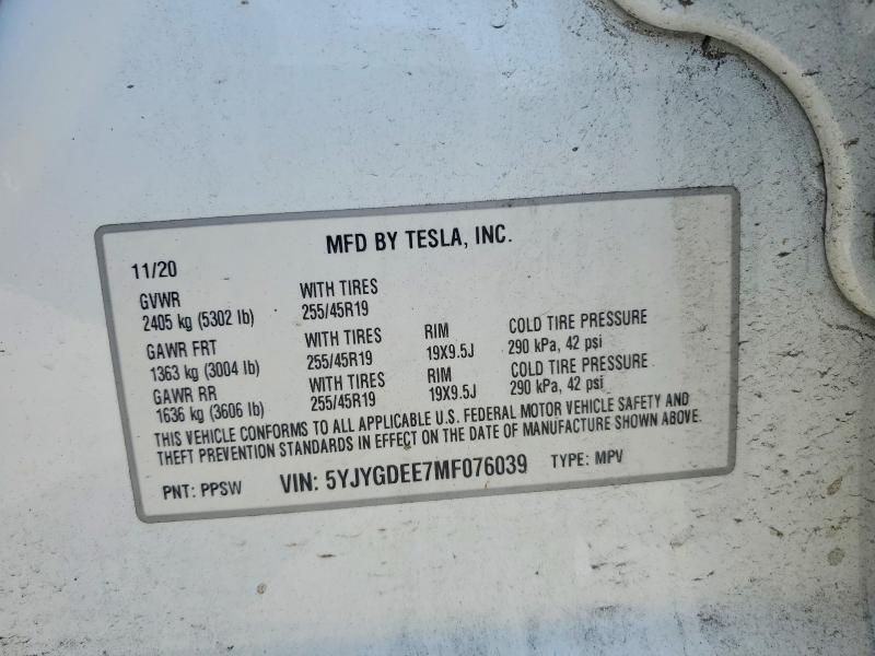59547416 :رقم المزاد ، 5YJYGDEE7MF076039 vin ، 2021 Tesla Model Y مزاد بيع