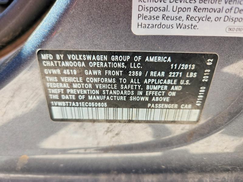 2014 Volkswagen Passat მანქანა იყიდება აუქციონზე, vin: 1VWBT7A31EC050605, აუქციონის ნომერი: 61854586