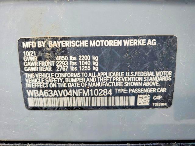 61770986 :رقم المزاد ، WBA63AV04NFM10284 vin ، 2022 Bmw 430i مزاد بيع
