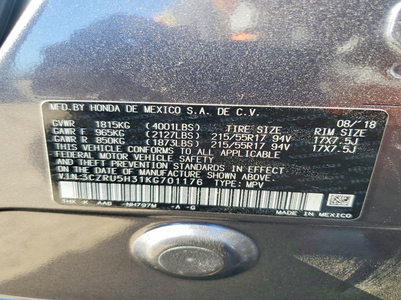 60042786 :رقم المزاد ، 3CZRU5H31KG701176 vin ، 2019 Honda Hr-v مزاد بيع