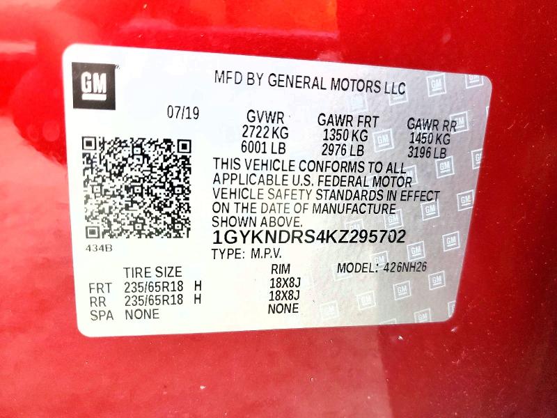 2019 Cadillac Xt5 მანქანა იყიდება აუქციონზე, vin: 1GYKNDRS4KZ295702, აუქციონის ნომერი: 62439176