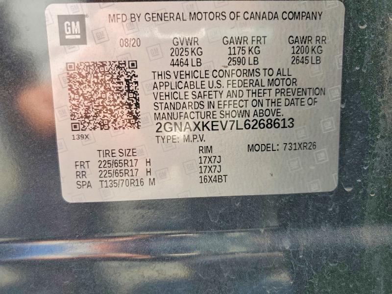 59813666 :رقم المزاد ، 2GNAXKEV7L6268613 vin ، 2020 Chevrolet Equinox مزاد بيع