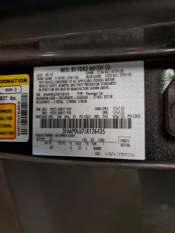 59899596 :رقم المزاد ، 3FA6P0LU7LR126435 vin ، 2020 Ford Fusion مزاد بيع