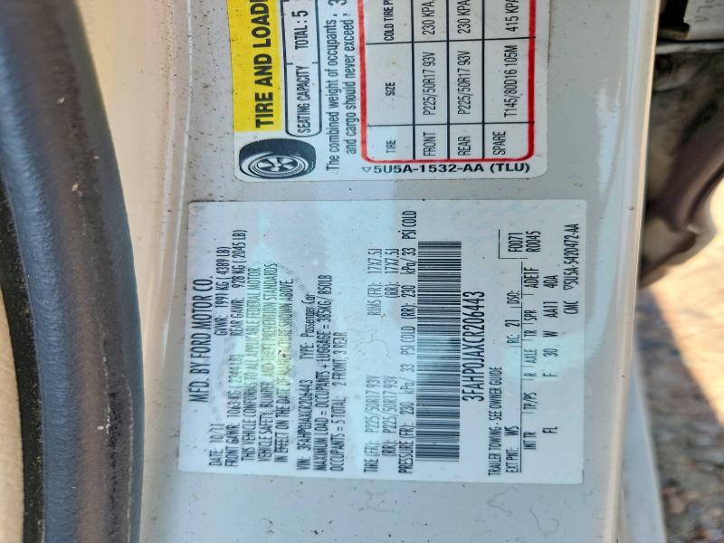 60201706 :رقم المزاد ، 3FAHP0JAXCR206443 vin ، 2012 Ford Fusion مزاد بيع