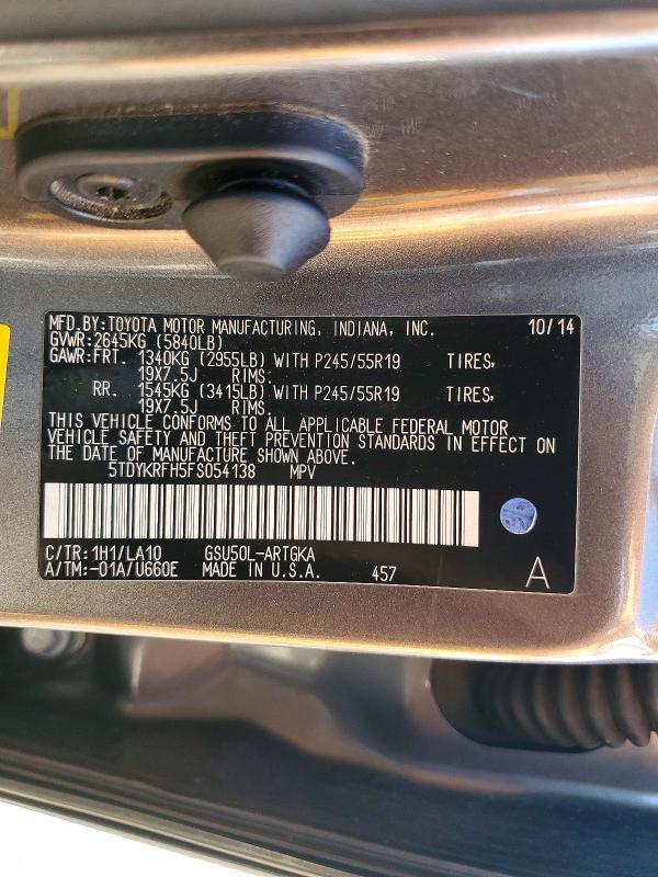61032756 :رقم المزاد ، 5TDYKRFH5FS054138 vin ، 2015 Toyota Highlander مزاد بيع