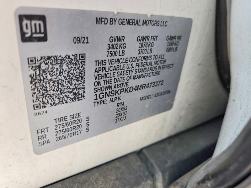 2021 Chevrolet Tahoe მანქანა იყიდება აუქციონზე, vin: 1GNSKPKD4MR473372, აუქციონის ნომერი: 60167226