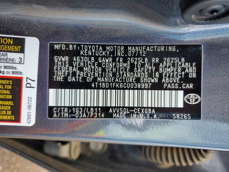 62486666 :رقم المزاد ، 4T1BD1FK6CU038997 vin ، 2012 Toyota Camry Hybrid مزاد بيع