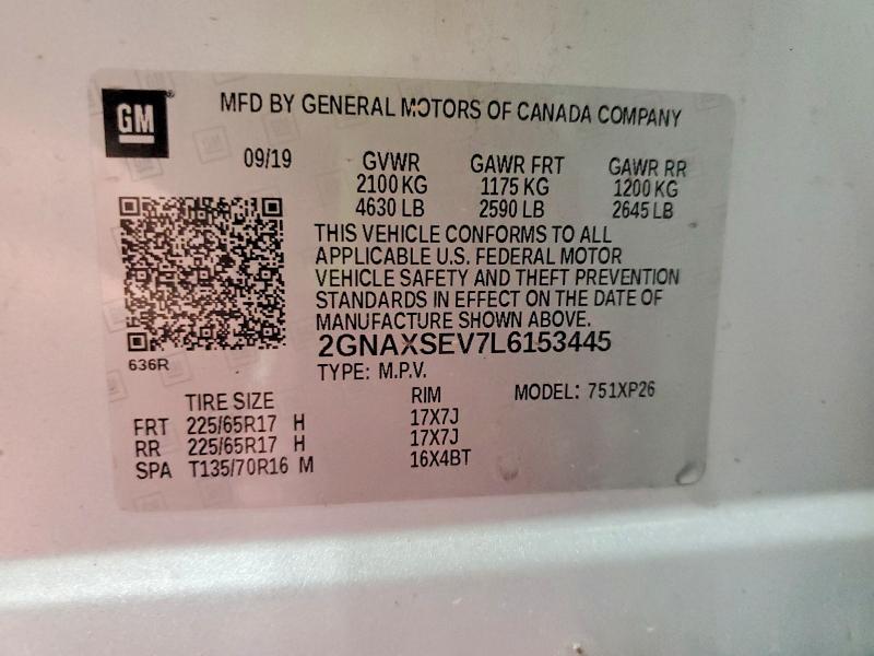 Продаж на аукціоні авто 2020 Chevrolet Equinox, vin: 2GNAXSEV7L6153445, номер лоту: 62676086