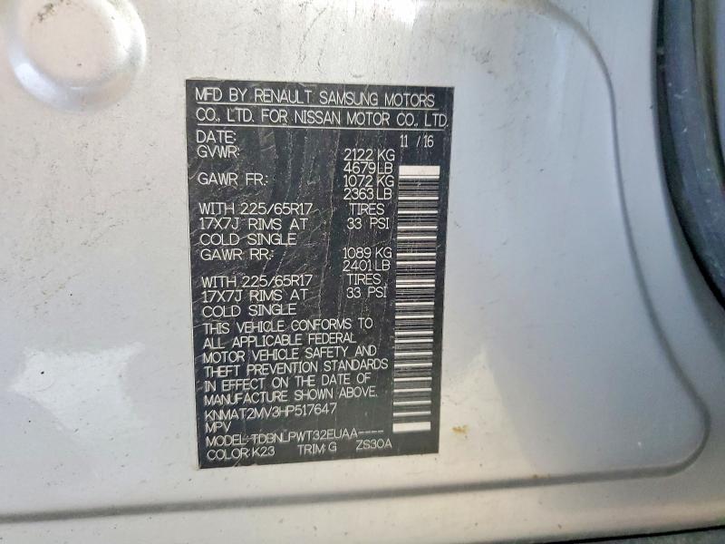 62978386 :رقم المزاد ، KNMAT2MV3HP517647 vin ، 2017 Nissan Rogue مزاد بيع