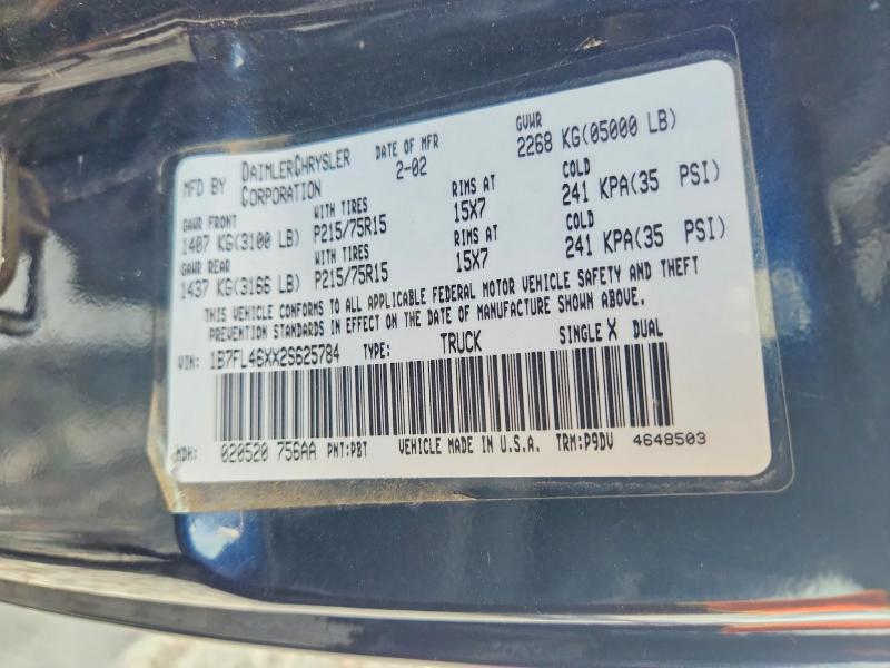 2002 Dodge Dakota მანქანა იყიდება აუქციონზე, vin: 1B7FL46XX2S625784, აუქციონის ნომერი: 61613466