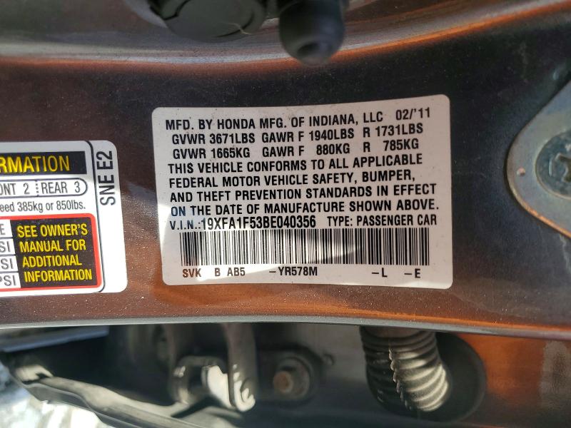 61963186 :رقم المزاد ، 19XFA1F53BE040356 vin ، 2011 Honda Civic مزاد بيع