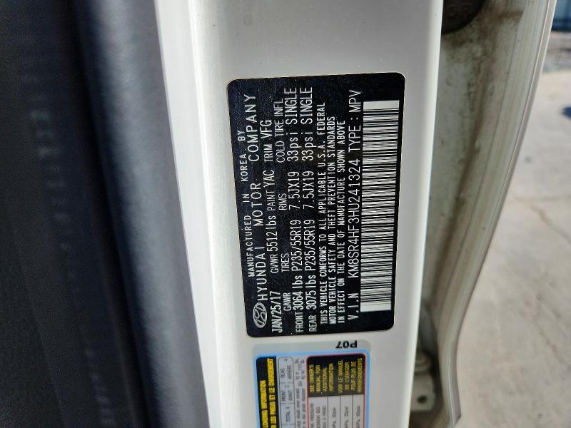 2017 Hyundai Santa Fe მანქანა იყიდება აუქციონზე, vin: KM8SR4HF3HU241324, აუქციონის ნომერი: 63591596