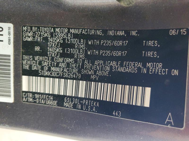 61818736 :رقم المزاد ، 5TDKK3DC7FS626479 vin ، 2015 Toyota Sienna مزاد بيع