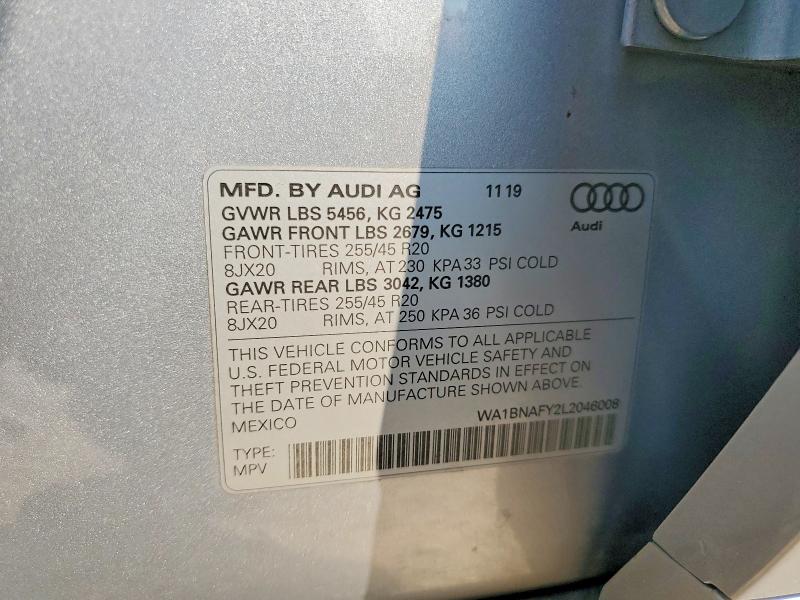 Aukcja sprzedaży 2020 Audi Q5, vin: WA1BNAFY2L2046008, numer aukcji: 62877996