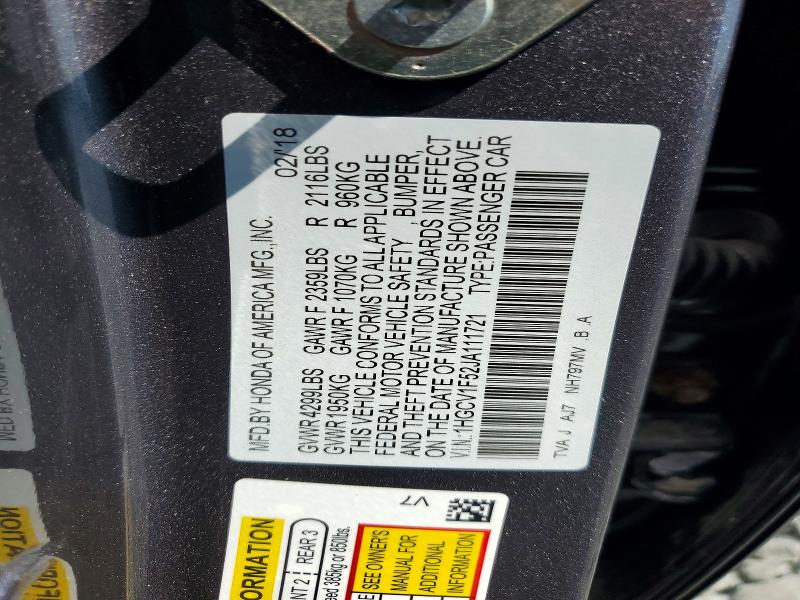 61836156 :رقم المزاد ، 1HGCV1F52JA111721 vin ، 2018 Honda Accord مزاد بيع