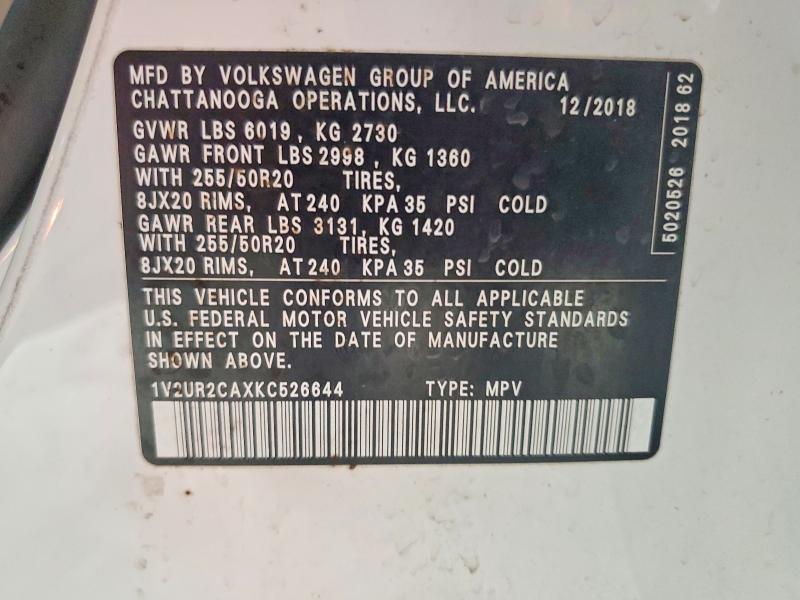 2019 Volkswagen Atlas მანქანა იყიდება აუქციონზე, vin: 1V2UR2CAXKC526644, აუქციონის ნომერი: 62744376