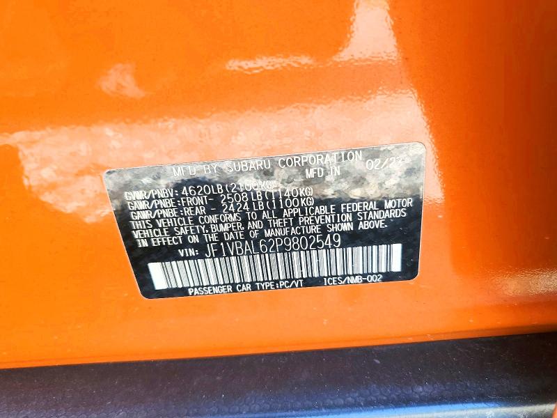 Aukcja sprzedaży 2023 Subaru Wrx, vin: JF1VBAL62P9802549, numer aukcji: 62071756
