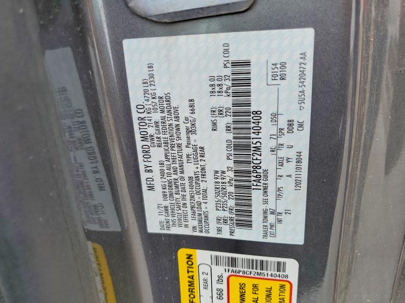 Продажа на аукционе авто 2021 Ford Mustang, vin: 1FA6P8CF2M5140408, номер лота: 60875686