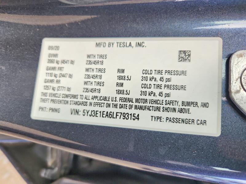 59198946 :رقم المزاد ، 5YJ3E1EA6LF793154 vin ، 2020 Tesla Model 3 مزاد بيع