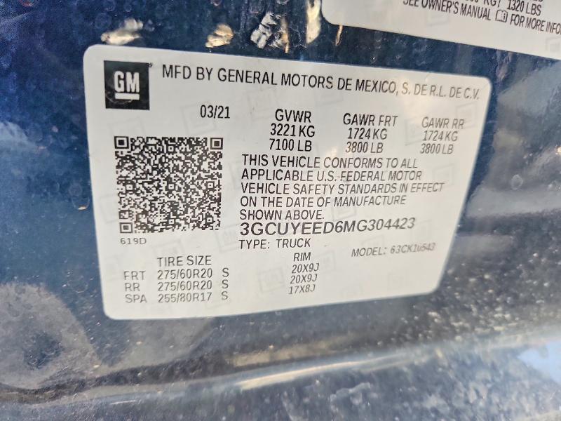 62272026 :رقم المزاد ، 3GCUYEED6MG304423 vin ، 2021 Chevrolet Silverado مزاد بيع