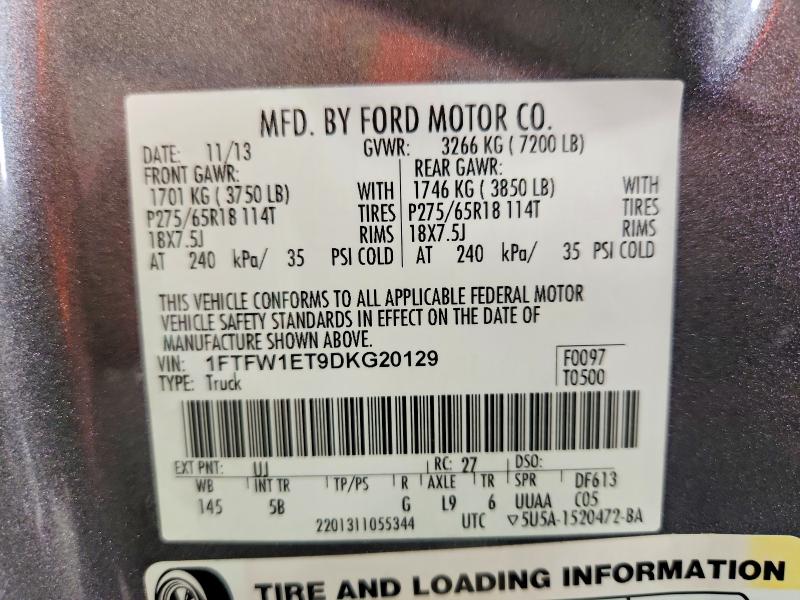 2013 Ford F150 მანქანა იყიდება აუქციონზე, vin: 1FTFW1ET9DKG20129, აუქციონის ნომერი: 59898336