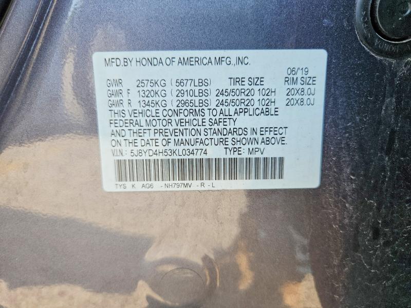 62620826 :رقم المزاد ، 5J8YD4H53KL034774 vin ، 2019 Acura Mdx مزاد بيع
