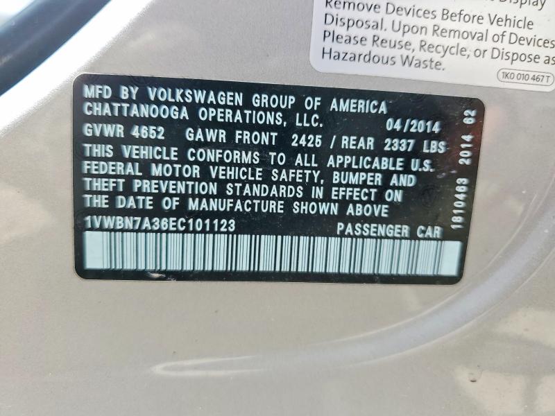 2014 Volkswagen Passat მანქანა იყიდება აუქციონზე, vin: 1VWBN7A36EC101123, აუქციონის ნომერი: 60403186
