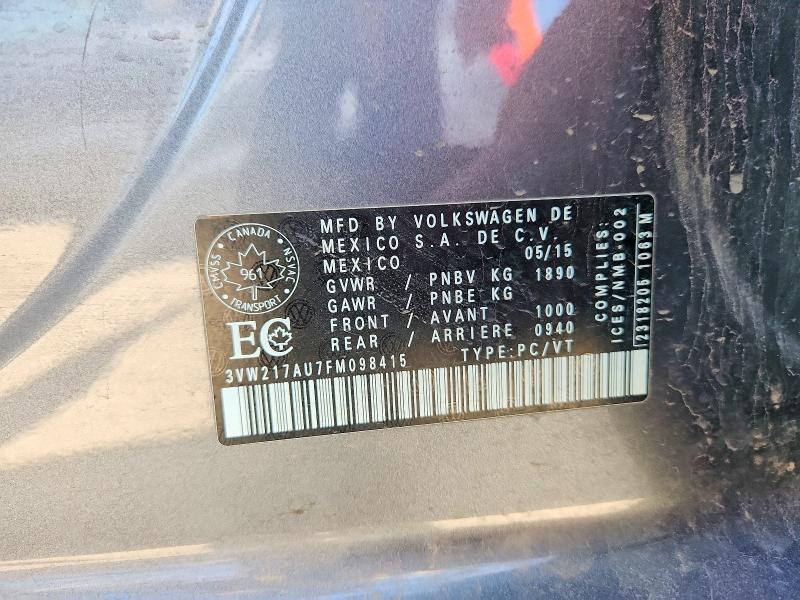Продаж на аукціоні авто 2015 Volkswagen Golf, vin: 3VW217AU7FM098415, номер лоту: 58454626
