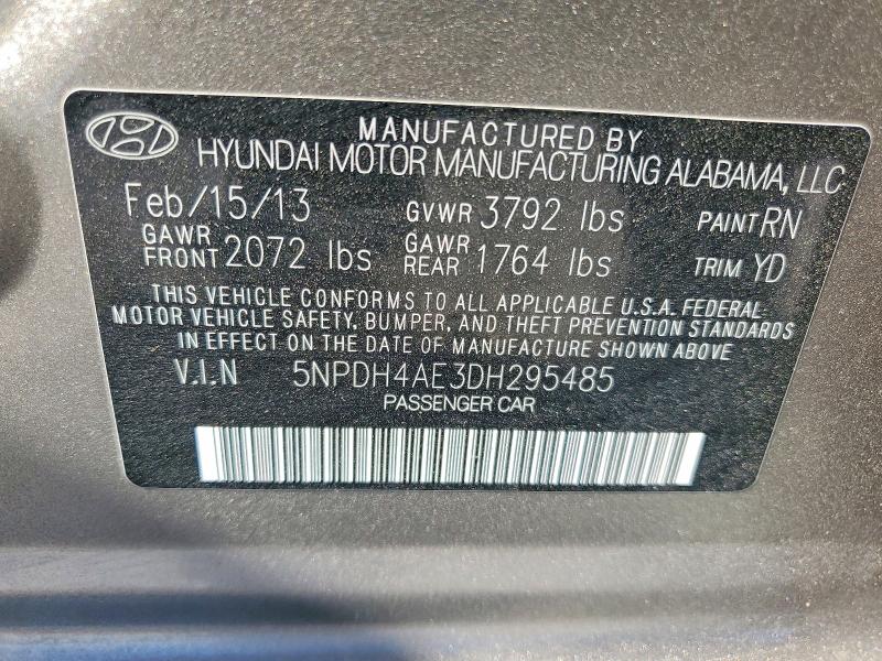 2013 Hyundai Elantra მანქანა იყიდება აუქციონზე, vin: 5NPDH4AE3DH295485, აუქციონის ნომერი: 59684356