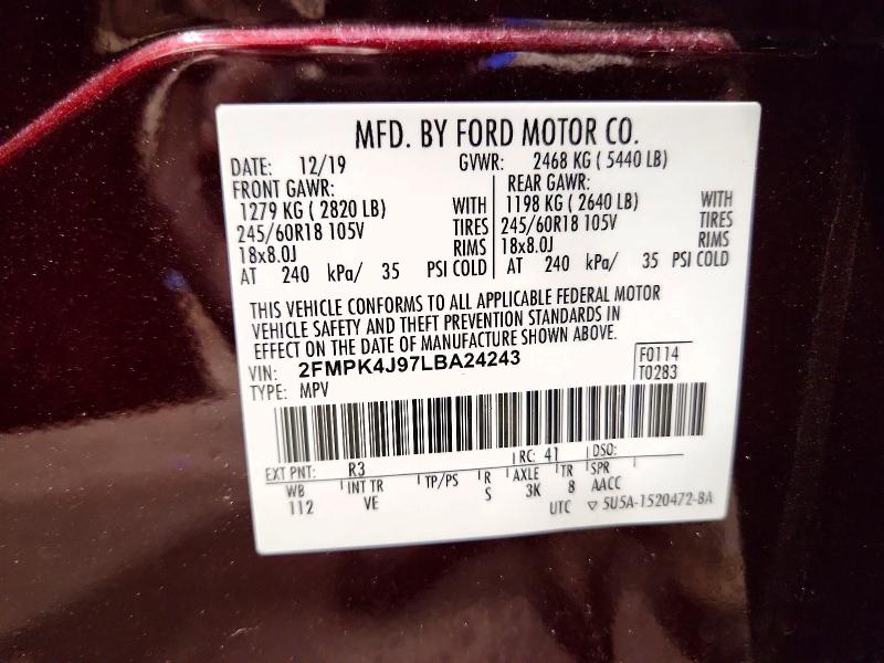 60152876 :رقم المزاد ، 2FMPK4J97LBA24243 vin ، 2020 Ford Edge مزاد بيع