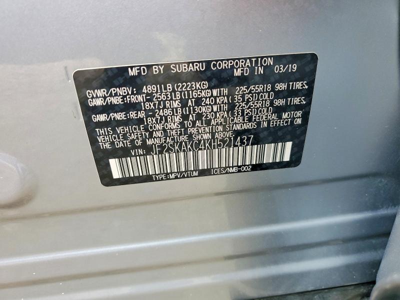 2019 Subaru Forester მანქანა იყიდება აუქციონზე, vin: JF2SKAKC4KH521437, აუქციონის ნომერი: 61090746