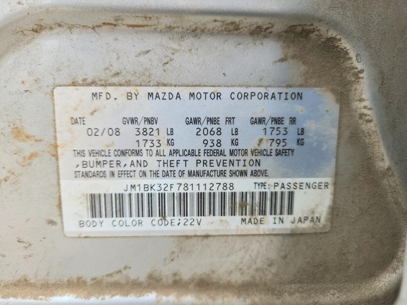 Продаж на аукціоні авто 2008 Mazda 3, vin: JM1BK32F781112788, номер лоту: 61895246