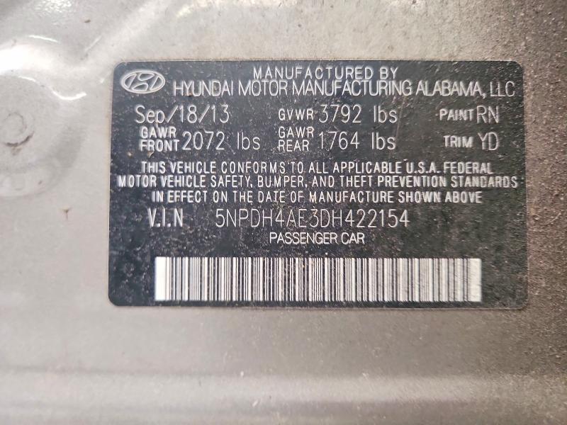 2013 Hyundai Elantra მანქანა იყიდება აუქციონზე, vin: 5NPDH4AE3DH422154, აუქციონის ნომერი: 59840756