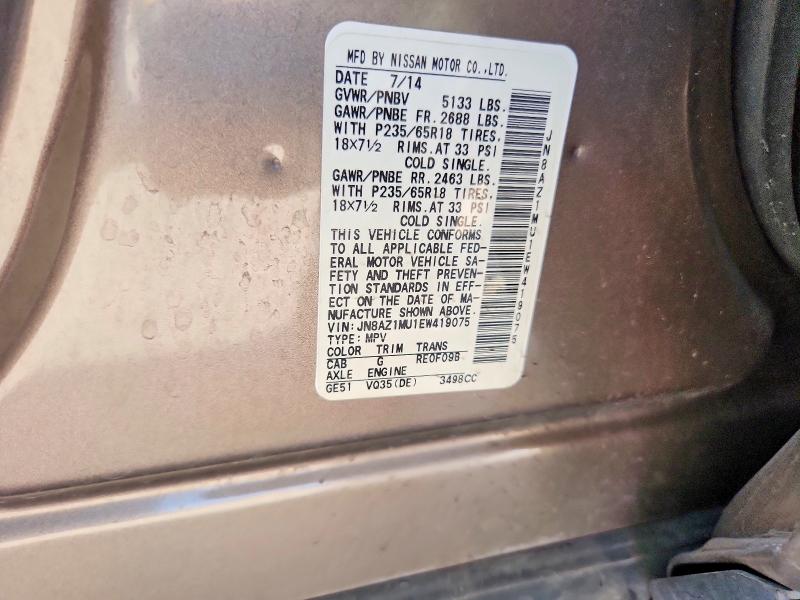 62980636 :رقم المزاد ، JN8AZ1MU1EW419075 vin ، 2014 Nissan Murano مزاد بيع