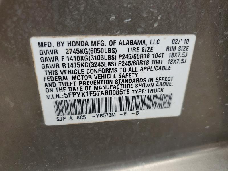 61414576 :رقم المزاد ، 5FPYK1F57AB008516 vin ، 2010 Honda Ridgeline مزاد بيع