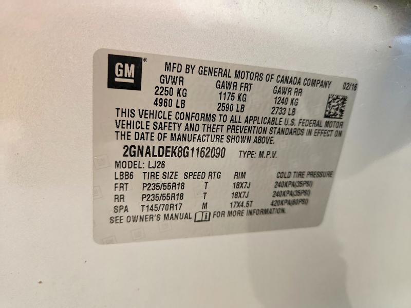 Aukcja sprzedaży 2016 Chevrolet Equinox, vin: 2GNALDEK8G1162090, numer aukcji: 60841866