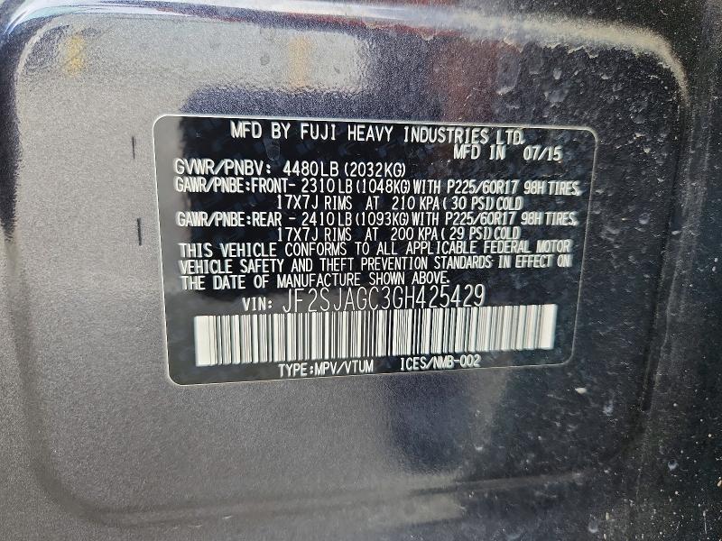 Продаж на аукціоні авто 2016 Subaru Forester, vin: JF2SJAGC3GH425429, номер лоту: 60084576