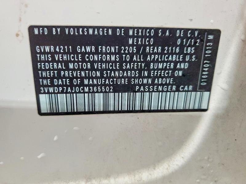 2012 Volkswagen Jetta მანქანა იყიდება აუქციონზე, vin: 3VWDP7AJ0CM365502, აუქციონის ნომერი: 61515206