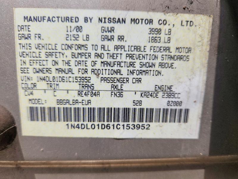 Aukcja sprzedaży 2001 Nissan Altima, vin: 1N4DL01D61C153952, numer aukcji: 62440106