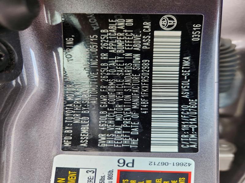 Aukcja sprzedaży 2015 Toyota Camry, vin: 4T4BF1FKXFR502989, numer aukcji: 62899666