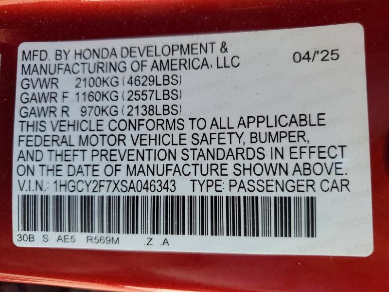 61061046 :رقم المزاد ، 1HGCY2F7XSA046343 vin ، 2025 Honda Accord مزاد بيع