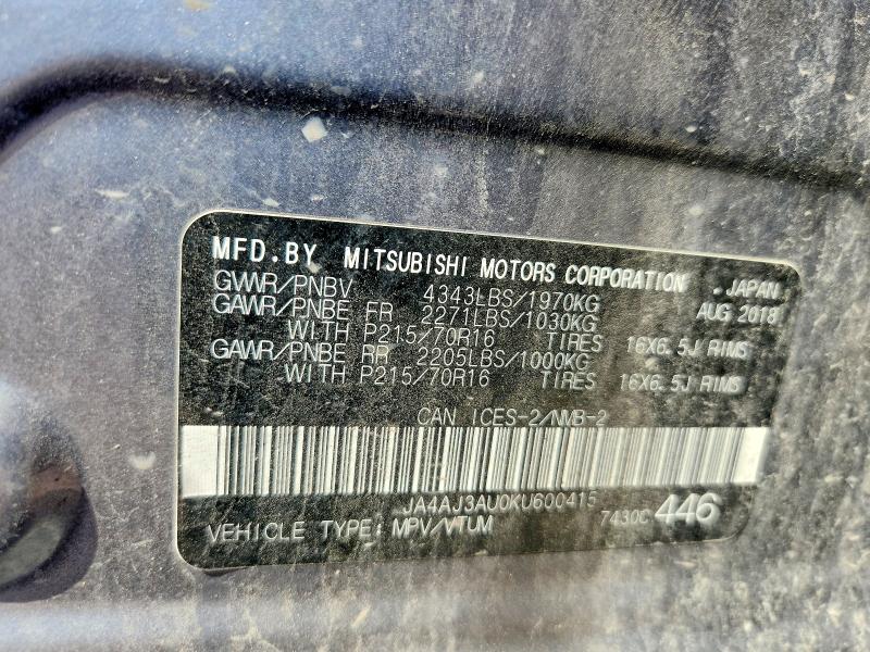 60004526 :رقم المزاد ، JA4AJ3AU0KU600415 vin ، 2019 Mitsubishi Rvr مزاد بيع