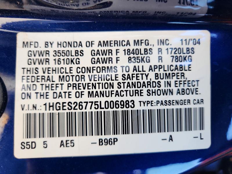 2005 Honda Civic მანქანა იყიდება აუქციონზე, vin: 1HGES26775L006983, აუქციონის ნომერი: 60858196
