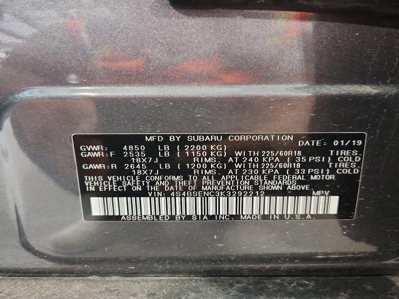 2019 Subaru Outback მანქანა იყიდება აუქციონზე, vin: 4S4BSENC3K3292212, აუქციონის ნომერი: 61744506