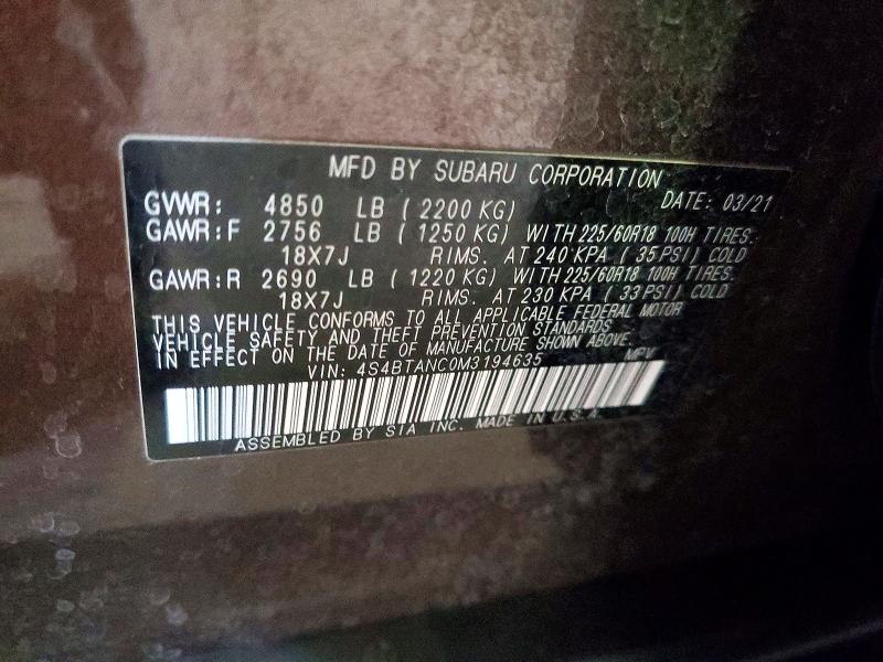 Продаж на аукціоні авто 2021 Subaru Outback, vin: 4S4BTANC0M3194635, номер лоту: 62790166
