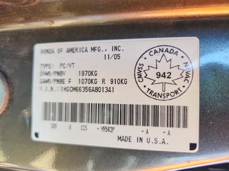 2006 Honda Accord მანქანა იყიდება აუქციონზე, vin: 1HGCM66356A801341, აუქციონის ნომერი: 60868286