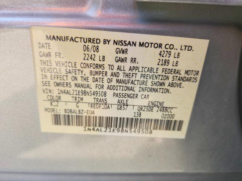 2008 Nissan Altima მანქანა იყიდება აუქციონზე, vin: 1N4AL21E98N549508, აუქციონის ნომერი: 62485696
