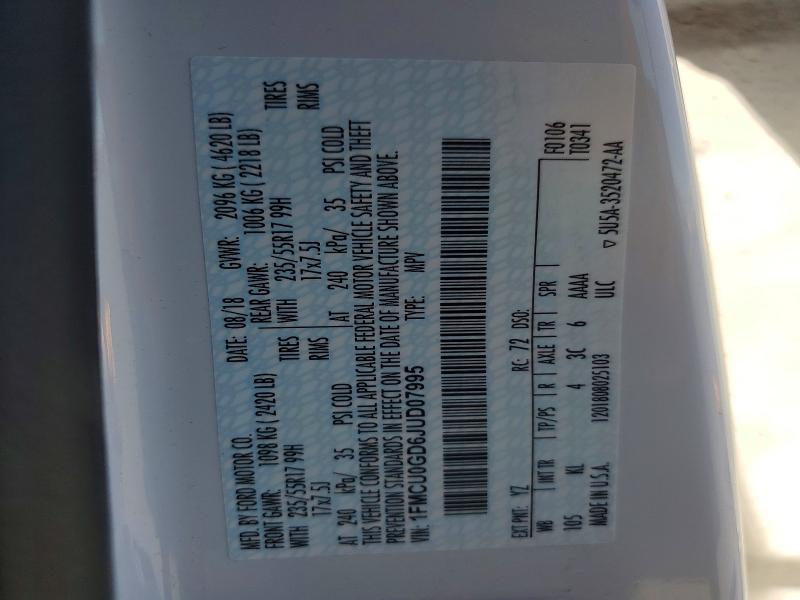 62530866 :رقم المزاد ، 1FMCU0GD6JUD07995 vin ، 2018 Ford Escape مزاد بيع
