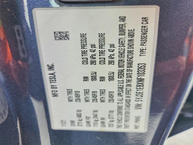 Auction sale of the 2022 Tesla Model 3, vin: 5YJ3E1EBXNF103353, lot number: 61008686
