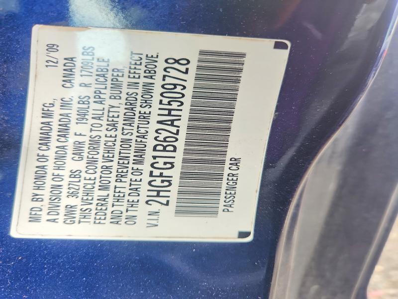 Aukcja sprzedaży 2010 Honda Civic, vin: 2HGFG1B62AH509728, numer aukcji: 59164716